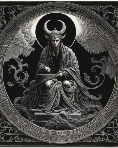 A shadowy Lucifer figure revealing hidden dream symbols, representing temptation and hidden desires.