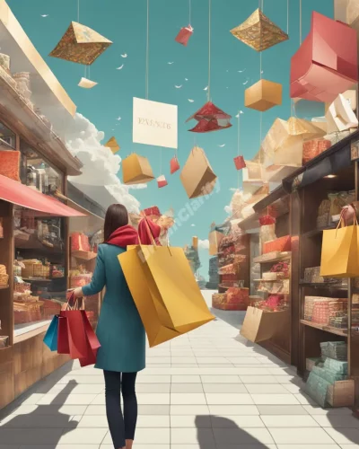 A shopping scene with items transforming into dream symbols when purchased, representing acquisition and value.