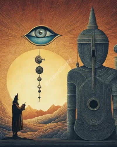 A one-eyed giant figure peering at various dream symbols, representing singular focus or perspective.