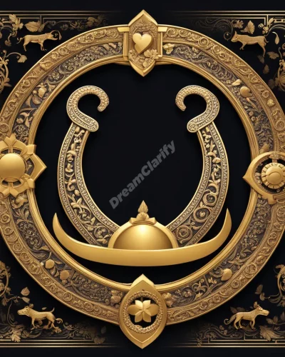 A horseshoe framing a scene of lucky dream symbols, representing fortune and protection.