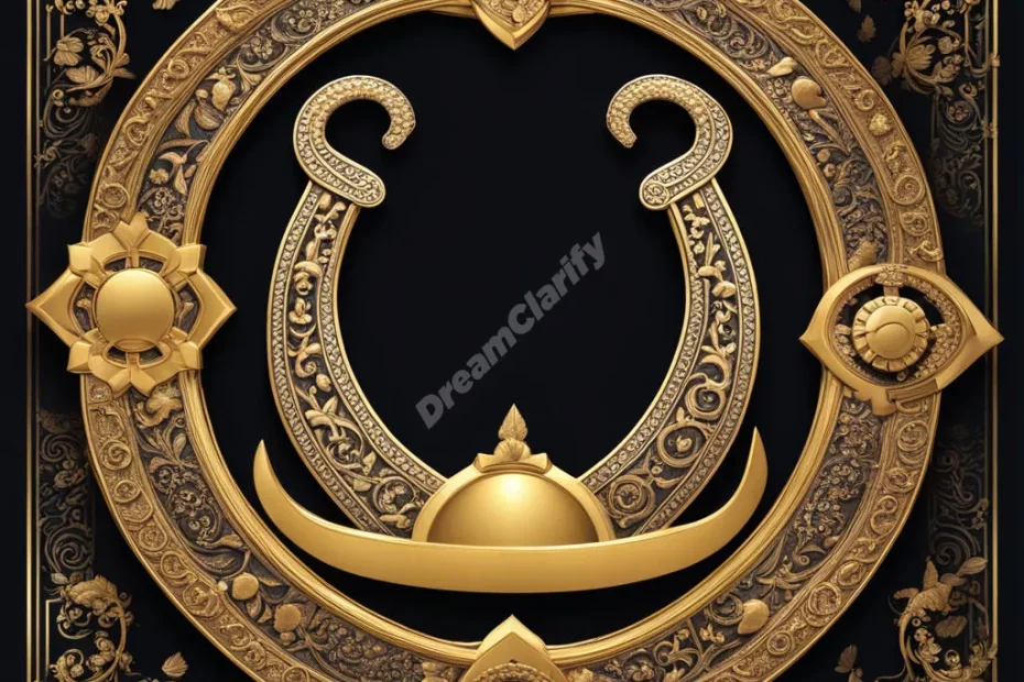 A horseshoe framing a scene of lucky dream symbols, representing fortune and protection.