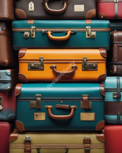 Suitcases opening to reveal different dream worlds, representing travel and life baggage.