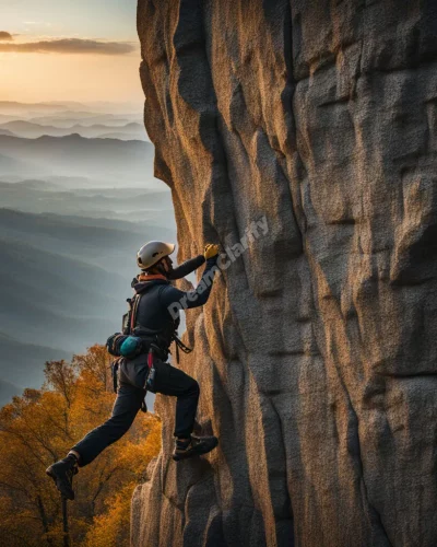 A figure climbing a rock face made of dream symbols, representing challenges and perseverance.