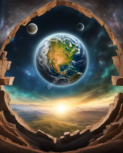 Earth cracking open to reveal underground dream symbols, representing foundation and hidden truths.