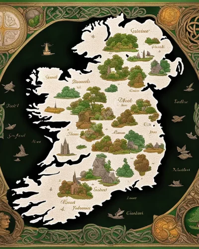 A map of Ireland filled with Celtic dream symbols, representing heritage and mysticism.