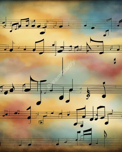 Musical notes from a lullaby forming soothing dream symbols, representing comfort and childhood.