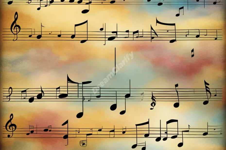 Musical notes from a lullaby forming soothing dream symbols, representing comfort and childhood.