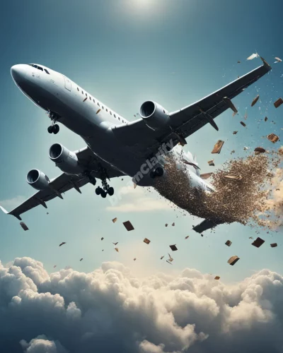 A plane breaking apart to reveal inner dream symbols, representing fears or life upheavals.