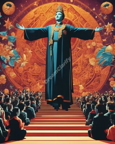 A figure on stage surrounded by adoring fans made of dream symbols, representing fame and self-image.