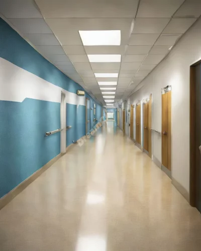 A hospital corridor leading to rooms with different dream scenarios, representing healing journeys.