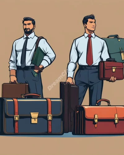 Attorneys with briefcases full of dream symbols, representing justice and life negotiations.