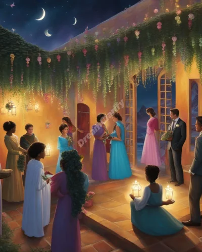 Guests arriving to a party, each bringing a gift of dream symbols, representing social interactions.