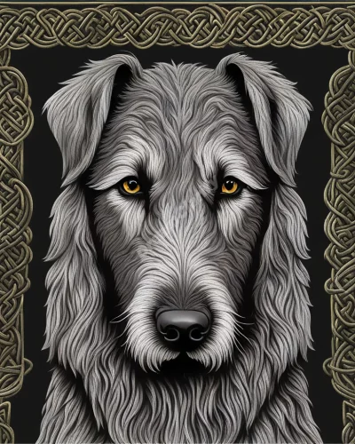 An Irish wolfhound with fur forming Celtic dream patterns, representing loyalty and heritage.