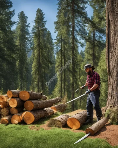 A lumberjack chopping trees that fall to reveal hidden dream symbols, representing clearing and revelation.