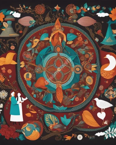 An aunt figure surrounded by family-related dream symbols, representing extended relationships.