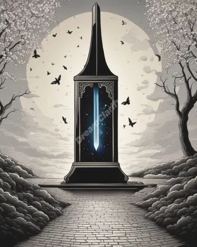 A guillotine blade falling to split dream symbols, representing sudden endings or decisions.