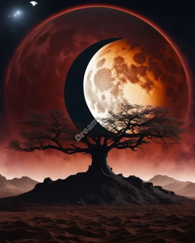 A lunar eclipse revealing hidden dream symbols on the moon's surface, representing revelation and cycles.