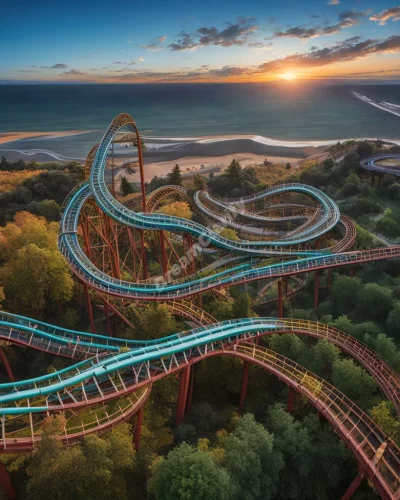 A roller coaster track forming loops and turns through various dream scenes, representing life's ups and downs.