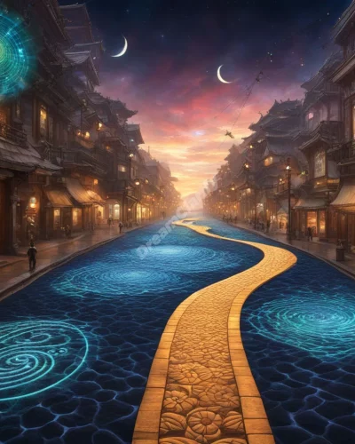 A street transforming into a river of dream symbols, representing life's path.