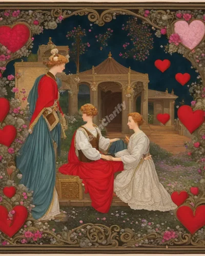 Two figures in a romantic scene, surrounded by heart-shaped dream symbols.