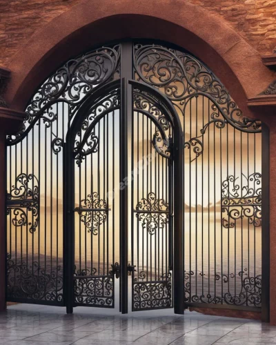 Iron gates opening to reveal different dream landscapes, symbolizing barriers and opportunities.