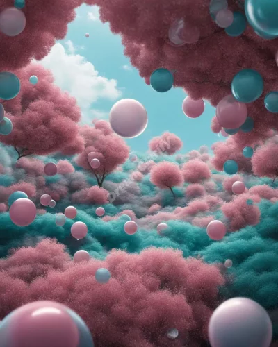 Chewing gum bubbles popping to reveal tiny dream scenes, symbolizing fleeting thoughts.