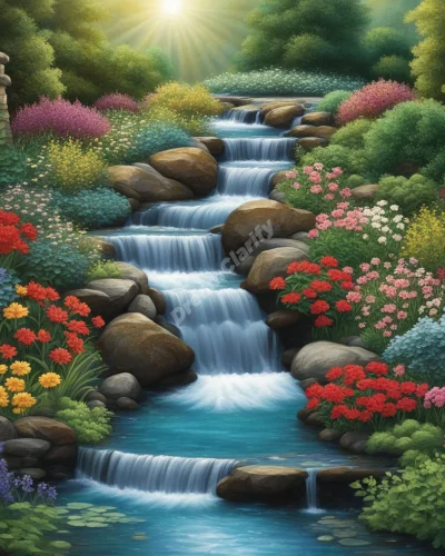 Water flowing through channels to nourish a garden of dream symbols, representing nurturing ideas.
