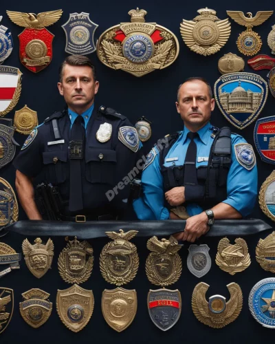 Police officers with badges revealing different dream scenes, representing authority and protection.