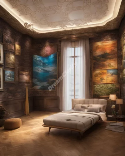 A room with walls displaying different dream scenarios, symbolizing aspects of the self.