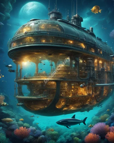 A submarine navigating through underwater dream worlds, representing exploration of the subconscious.