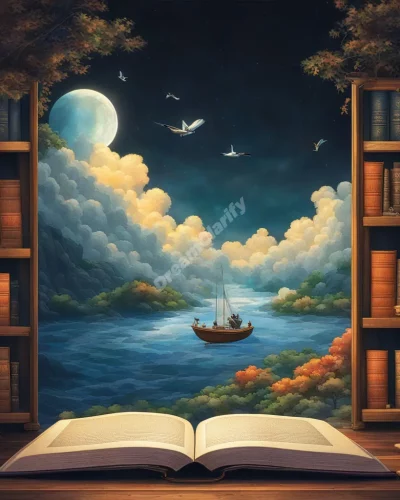 Books with pages turning to reveal animated dream scenes, representing creativity and storytelling.