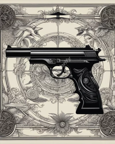 A gun transforming into various dream symbols, representing power and conflict.