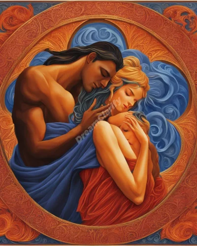 Figures engaged in passionate embraces, surrounded by fiery dream symbols, representing desire.