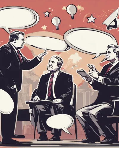 Politicians debating with speech bubbles filled with dream symbols, representing social issues.