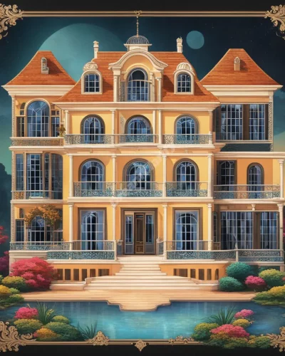 A mansion with rooms filled with luxurious dream symbols, representing aspirations and self-image.