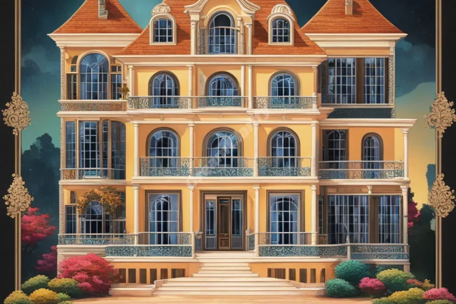 A mansion with rooms filled with luxurious dream symbols, representing aspirations and self-image.