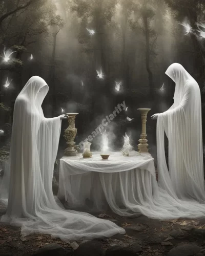 Ghostly figures moving objects to reveal hidden dream symbols, representing unseen forces.