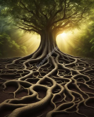 Tree roots growing to form underground networks of dream symbols, representing connections and origins.