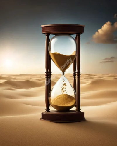 An hourglass with sand forming dream symbols as it falls, representing the passage of time.