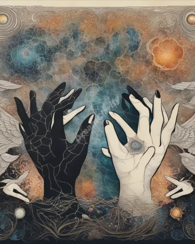 Hands scratching to reveal layers of dream symbols under the skin, representing irritation and hidden truths.