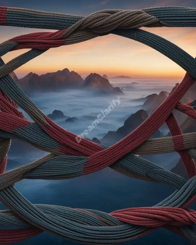 Ropes weaving through a dreamscape, forming knots and patterns, representing connections and binds.