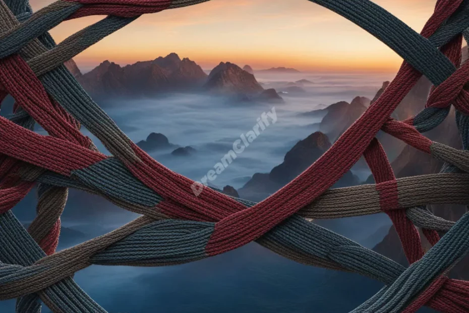 Ropes weaving through a dreamscape, forming knots and patterns, representing connections and binds.