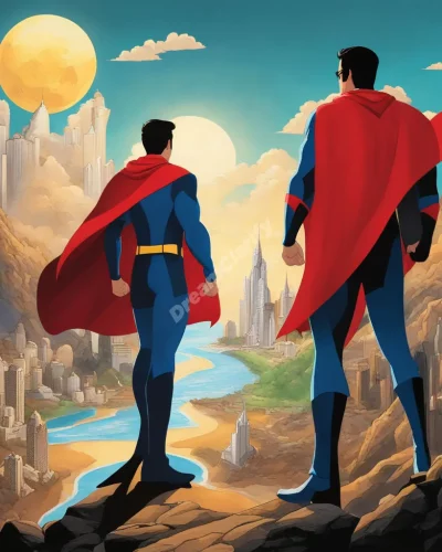 Superheroes with capes revealing different dream worlds, representing idealism and empowerment.