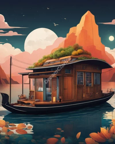 A houseboat floating through different dream landscapes, representing adaptable living and journey.