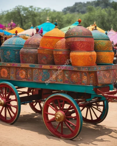 Colorful wagons filled with mystical dream symbols, representing nomadic lifestyle and fortune-telling.