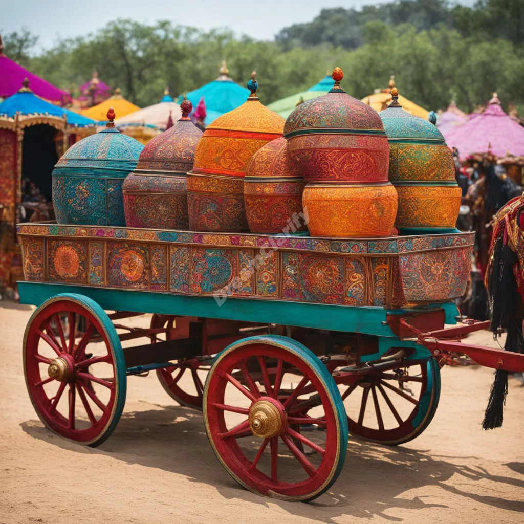 Colorful wagons filled with mystical dream symbols, representing nomadic lifestyle and fortune-telling.