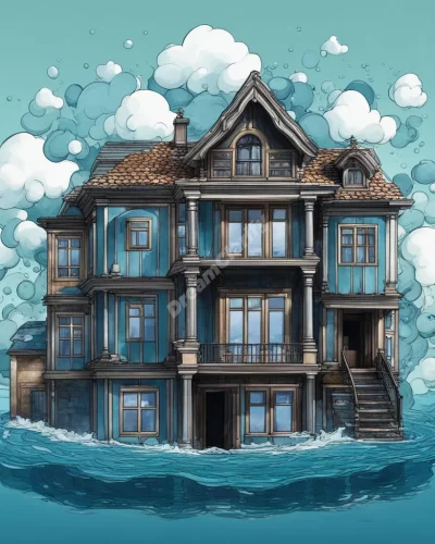 A house filling with water that carries dream symbols, representing emotional overwhelm.