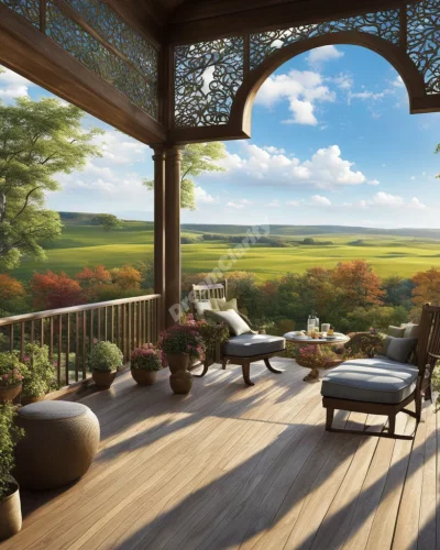 A porch or patio overlooking a landscape of dream symbols, representing perspective and relaxation.