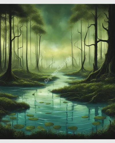 A murky swamp with dream symbols emerging from the surface, representing the subconscious.