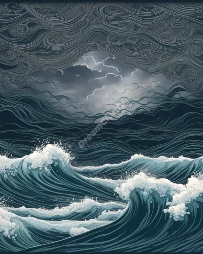 Stormy seas with waves forming dream symbols, representing emotional turbulence.